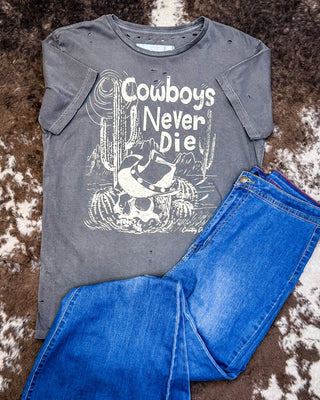 Cowboys Never Die Distressed Graphic Tee - Faded Black – Apparel from Bronco Western Supply Co.