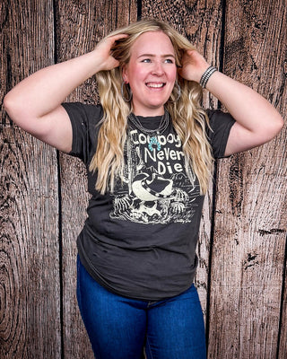 Cowboys Never Die Distressed Graphic Tee - Faded Black – Apparel from Bronco Western Supply Co.