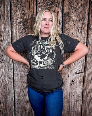 Cowboys Never Die Distressed Graphic Tee - Faded Black – Apparel from Bronco Western Supply Co.