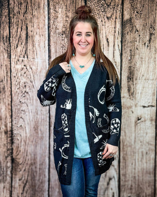 Cowgirl Collage Knit Cardigan in Black by Lucky & Blessed – Apparel from Bronco Western Supply Co.