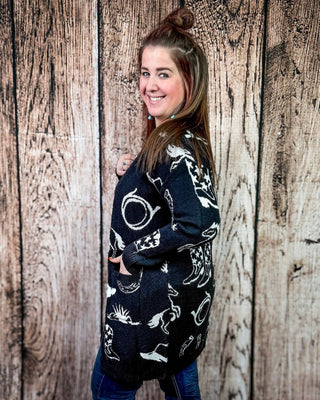 Cowgirl Collage Knit Cardigan in Black by Lucky & Blessed – Apparel from Bronco Western Supply Co.