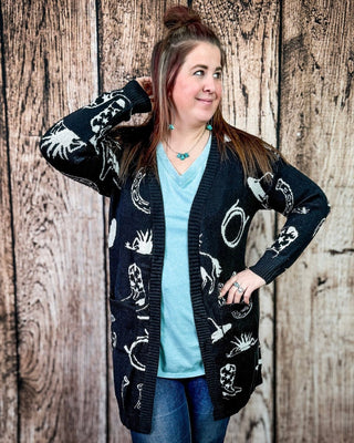 Cowgirl Collage Knit Cardigan in Black by Lucky & Blessed – Apparel from Bronco Western Supply Co.