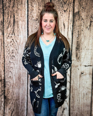 Cowgirl Collage Knit Cardigan in Black by Lucky & Blessed – Apparel from Bronco Western Supply Co.