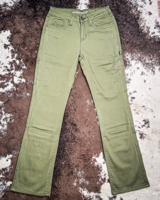 Cowgirl Tuff - Army Carpenter Flannel Lined Bootcut Jeans – Natural Waist Olive Green – Apparel from Bronco Western Supply Co.