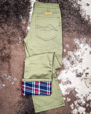 Cowgirl Tuff - Army Carpenter Flannel Lined Bootcut Jeans – Natural Waist Olive Green – Apparel from Bronco Western Supply Co.