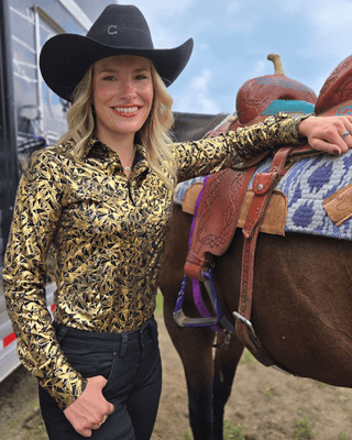 Cowgirl Tuff Black and Gold Starlight Shatter Pullover Button Up – Apparel from Bronco Western Supply Co.