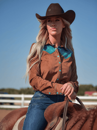 Cowgirl Tuff Buckle Run – Brown Stretch Suede Button Up with Boot Stitch Details – Apparel from Bronco Western Supply Co.