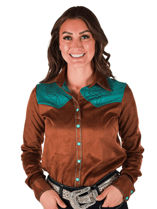 Cowgirl Tuff Buckle Run – Brown Stretch Suede Button Up with Boot Stitch Details – Apparel from Bronco Western Supply Co.