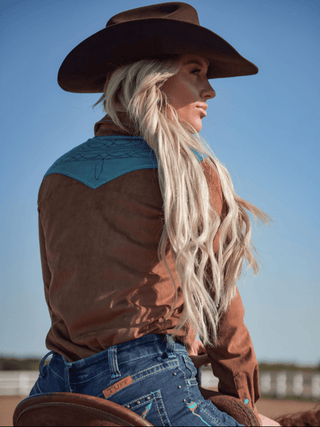 Cowgirl Tuff Buckle Run – Brown Stretch Suede Button Up with Boot Stitch Details – Apparel from Bronco Western Supply Co.