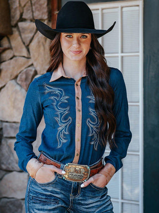 Cowgirl Tuff Canyon Crest Top – Embroidered Denim Stretch Button Up – Apparel from Bronco Western Supply Co.