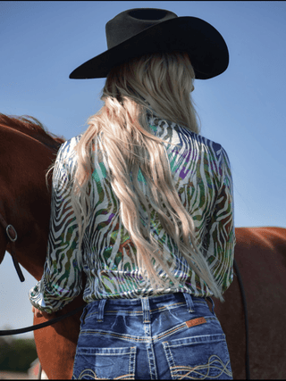Cowgirl Tuff Chrome Rebel – Zebra Print Stretch Button Up with Colorful Foil – Apparel from Bronco Western Supply Co.