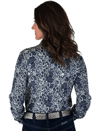 Cowgirl Tuff Dust and Grace – Navy and White Lace Print Button Up – Apparel from Bronco Western Supply Co.
