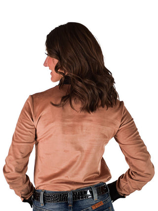 Cowgirl Tuff Dust Whisper Top – Tan Stretch Suede Button Up with Embroidery – Apparel from Bronco Western Supply Co.