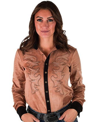 Cowgirl Tuff Dust Whisper Top – Tan Stretch Suede Button Up with Embroidery – Apparel from Bronco Western Supply Co.