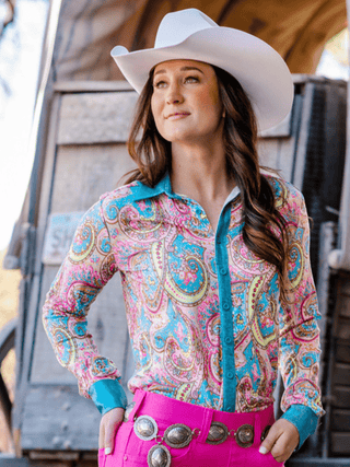 Cowgirl Tuff Electric Prairie – Paisley Print Stretch Button Up with Turquoise Foil – Apparel from Bronco Western Supply Co.