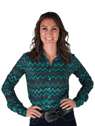 Cowgirl Tuff Emerald Reign – Chevron Stretch Button Up – Apparel from Bronco Western Supply Co.