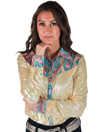 Cowgirl Tuff Golden Hour – Metallic Button Up with Paisley Accents – Apparel from Bronco Western Supply Co.