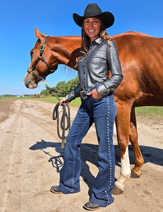Cowgirl Tuff - Grand Entry Jeans – Crystal Studded Dark Wash Trouser Denim – Apparel from Bronco Western Supply Co.