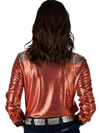Cowgirl Tuff High Noon Shine Top – Rust Metallic Button Up with Paisley Detail – Apparel from Bronco Western Supply Co.