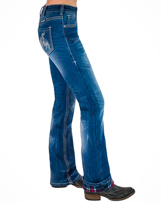 Buck Off Flannel Lined Bootcut Jeans in Blue by Cowgirl Tuff