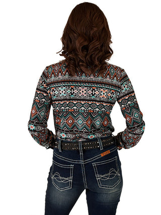 Cowgirl Tuff Mesa Horizon Top – Geometric Print Stretch Button Up – Apparel from Bronco Western Supply Co.