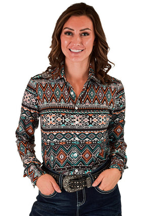 Cowgirl Tuff Mesa Horizon Top – Geometric Print Stretch Button Up – Apparel from Bronco Western Supply Co.