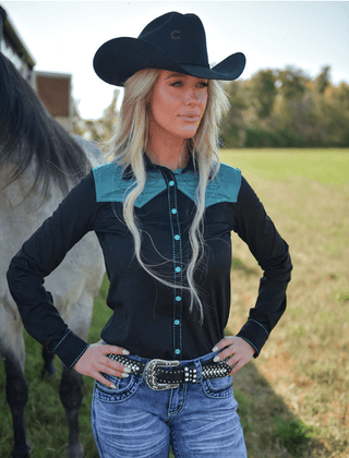 Cowgirl Tuff Midnight Dash – Black Stretch Suede Button Up with Boot Stitch Details – Apparel from Bronco Western Supply Co.