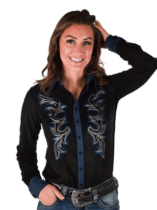 Cowgirl Tuff Nightfall Rodeo – Black Stretch Suede Button Up with Embroidery – Apparel from Bronco Western Supply Co.