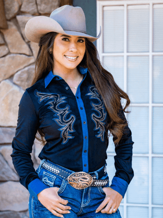 Cowgirl Tuff Nightfall Rodeo – Black Stretch Suede Button Up with Embroidery – Apparel from Bronco Western Supply Co.