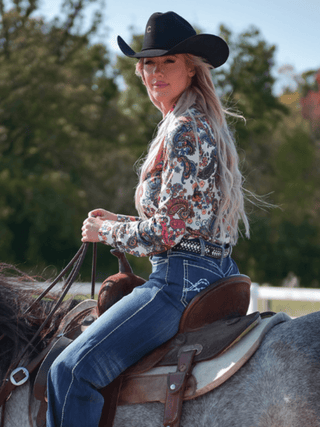 Cowgirl Tuff Paisley Stampede – White and Paisley Print Button Up – Apparel from Bronco Western Supply Co.