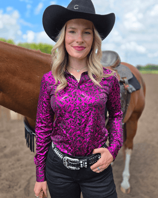 Cowgirl Tuff Pink and Black Starlight Shatter Pullover Button Up – Apparel from Bronco Western Supply Co.