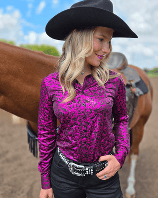 Cowgirl Tuff Pink and Black Starlight Shatter Pullover Button Up – Apparel from Bronco Western Supply Co.