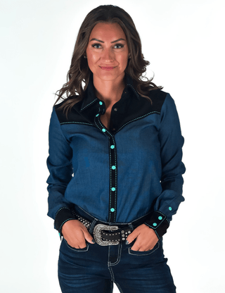 Cowgirl Tuff Ranch Ready Pullover Button Up with Black Suede – Apparel from Bronco Western Supply Co.
