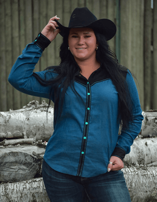 Cowgirl Tuff Ranch Ready Pullover Button Up with Black Suede – Apparel from Bronco Western Supply Co.
