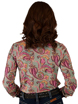 Cowgirl Tuff Rodeo Pop Top – Paisley Stretch Button Up with Pink Foil Accents – Apparel from Bronco Western Supply Co.