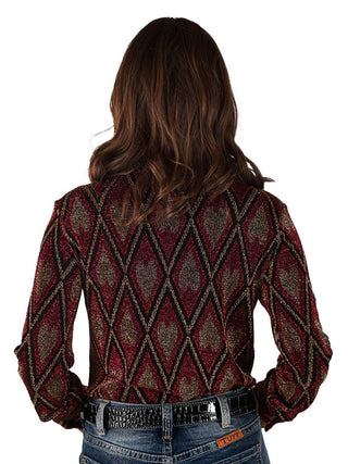 Cowgirl Tuff Royale Top – Red Shimmer Diamond Print Button Up – Apparel from Bronco Western Supply Co.