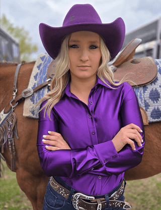 Cowgirl Tuff Satin Hustle Pullover Button Up in Purple – Apparel from Bronco Western Supply Co.