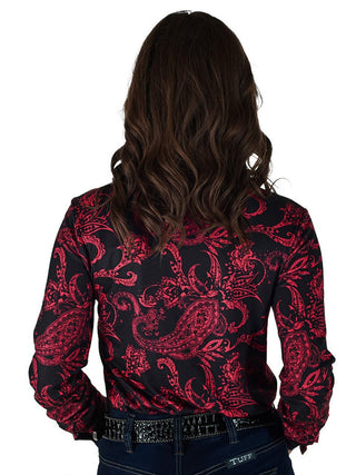 Cowgirl Tuff Scarlet Saddle Top – Black Button Up with Red Paisley Print – Apparel from Bronco Western Supply Co.