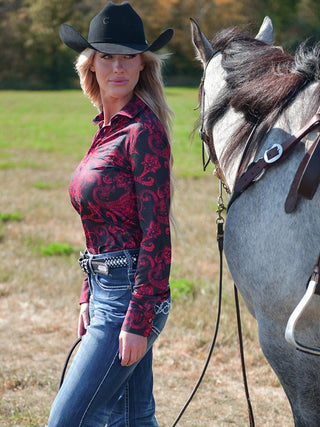 Cowgirl Tuff Scarlet Saddle Top – Black Button Up with Red Paisley Print – Apparel from Bronco Western Supply Co.