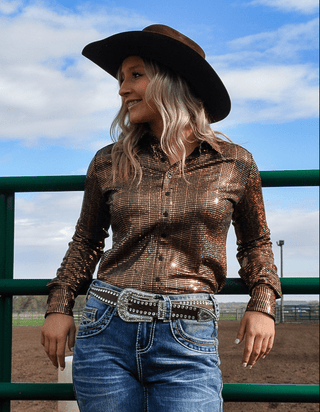 Cowgirl Tuff Spurfire Pullover Button Up with Rose Gold Metallic Foil – Apparel from Bronco Western Supply Co.