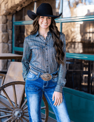 Cowgirl Tuff Spurfire Pullover Button Up with Silver Holographic Metallic Foil – Apparel from Bronco Western Supply Co.