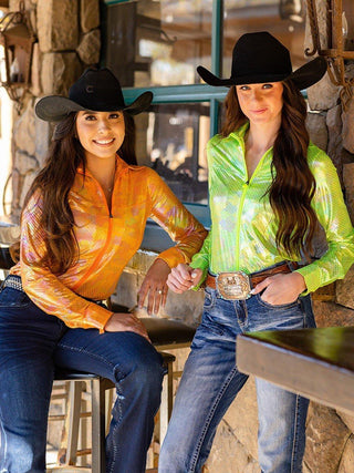 Cowgirl Tuff Sunburst Zip Top – Orange Metallic Long Sleeve – Apparel from Bronco Western Supply Co.