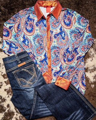 Cowgirl Tuff Twilight Tessa Pullover Button Up Paisley With Rust Foil Metallic Accents – Apparel from Bronco Western Supply Co.