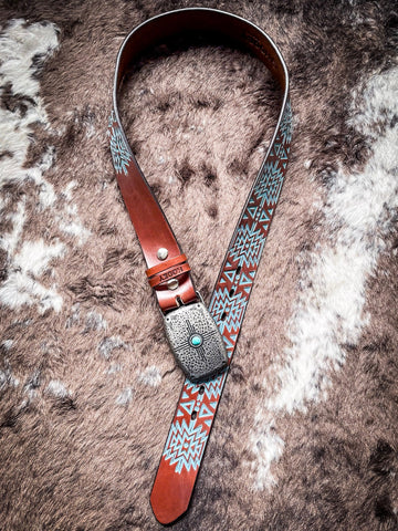 "Dakota" Aztec Embossed Brown/Turquoise Hooey Belt - Apparel - Hooey - Bronco Western Supply Co.