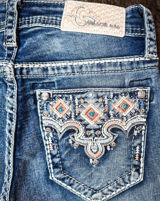 Dakota Jewel Bootcut Jeans in Medium Wash by Grace in LA – Apparel from Bronco Western Supply Co.
