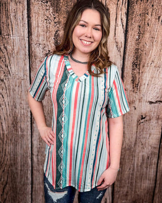 Dalia Mint and Coral Serape Print Short Sleeve V - Neck Top – Apparel from Bronco Western Supply Co.
