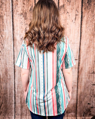 Dalia Mint and Coral Serape Print Short Sleeve V - Neck Top – Apparel from Bronco Western Supply Co.