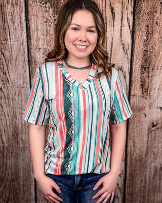 Dalia Mint and Coral Serape Print Short Sleeve V - Neck Top – Apparel from Bronco Western Supply Co.