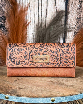 Delaney Tooled Wristlet Wallet in Brown by Wrangler – Purses & Wallets from Bronco Western Supply Co.