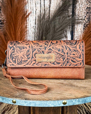 Delaney Tooled Wristlet Wallet in Brown by Wrangler – Purses & Wallets from Bronco Western Supply Co.